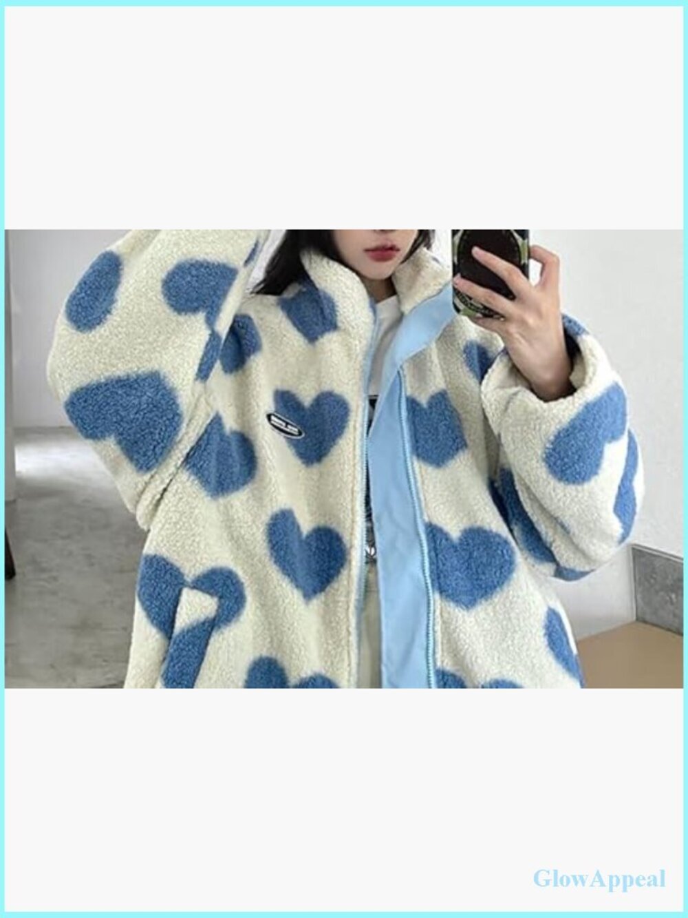 Women's Reversible Fleece Sherpa Jacket Kawaii Heart Print Zip Up Cozy - Picture 6 of 7